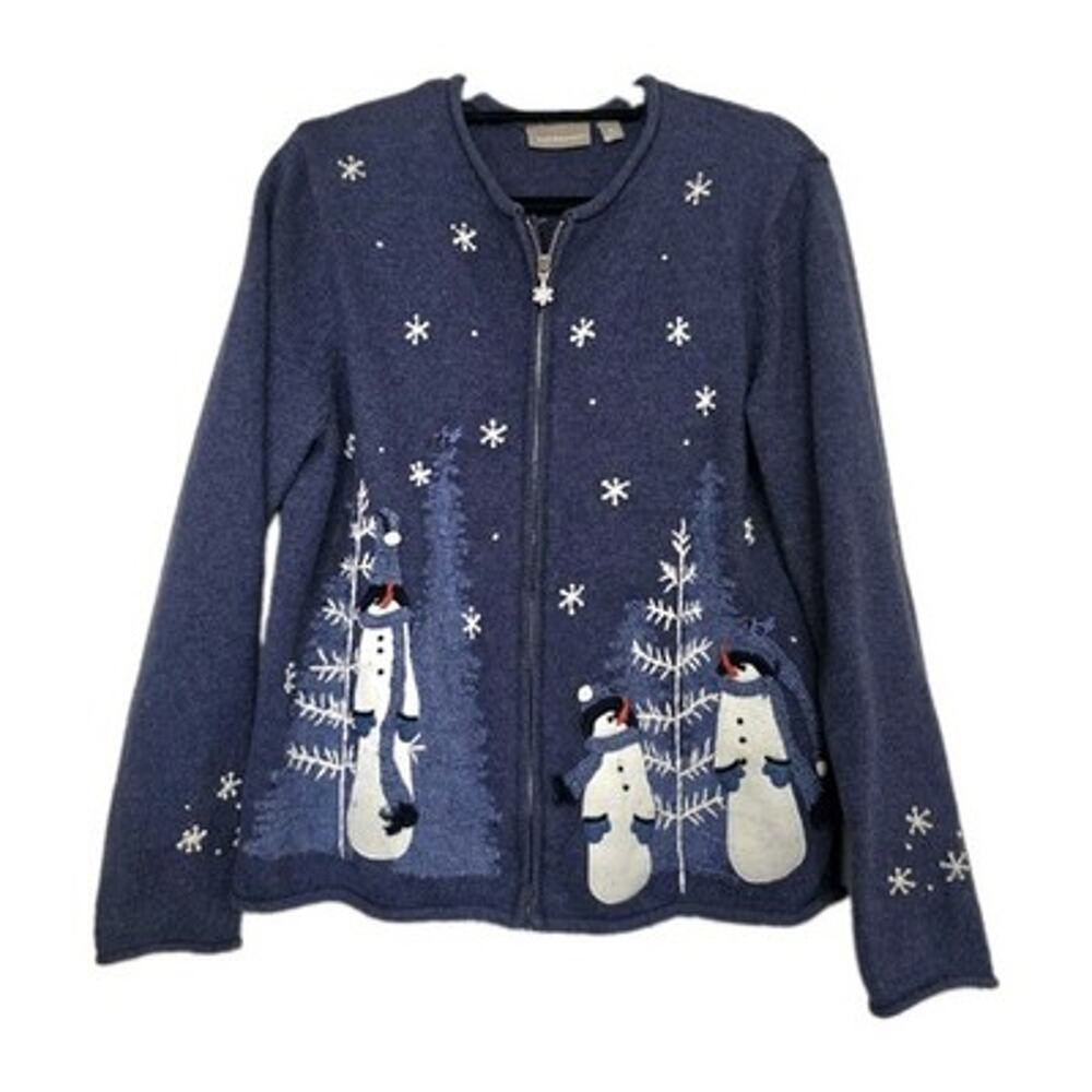 Vintage Snowman Christmas Sweater Womens M Blue Full Zip Cottagecore Grandma